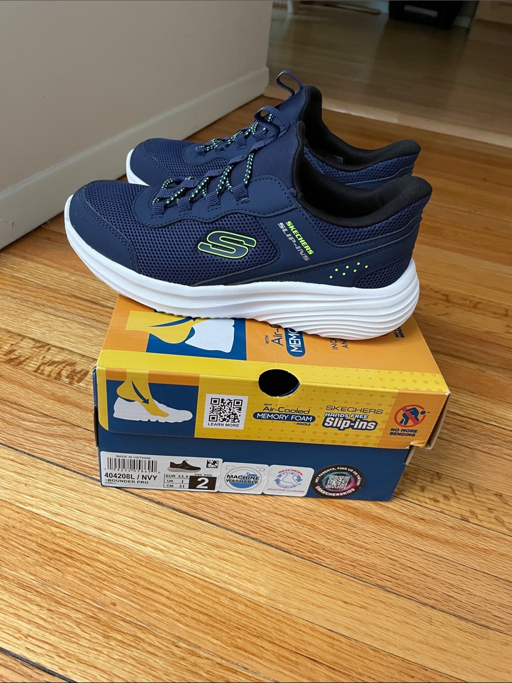 Skechers Kids Navy Sneakers with Neon Green Accents